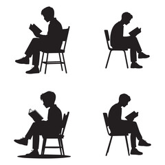 Fototapeta premium Man Reading Book While Sitting on Chair Silhouette Set Education Study and Knowledge Concept Vector