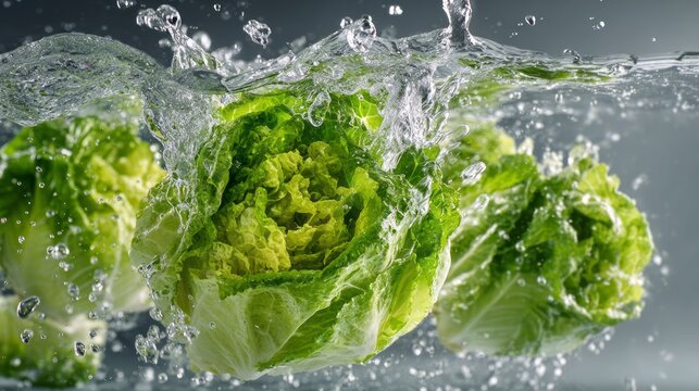 Fresh green escarole splashing in water, crisp leafy vegetable captured in motion, highlighting freshness, organic farming, healthy diet, culinary ingredients, and natural food quality