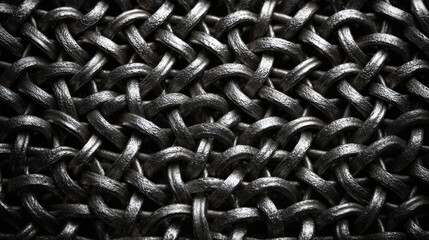 Detailed macro shot of a metallic woven mesh with interlocking links and a dark, moody lighting creating a textured background