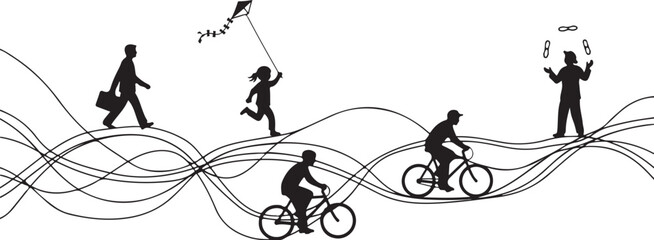 Silhouettes of people engaging in various activities on wavy lines