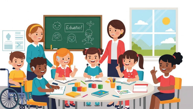Diverse children learning together in a classroom inclusive education concept with teachers and special needs students
