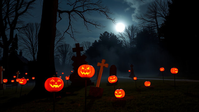 Gruseliger Friedhof in der Nacht mit leuchtenden K&uuml;rbis Laternen auf St&auml;ben