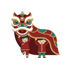 Fototapeta premium Vector icon illustration : happy Asian children performing lion dance costume parade - Chinese New Year festive, Lunar celebration, traditional festival, mascot, culture tradition symbol