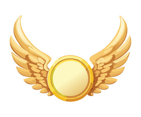 Illustration of golden wings on a circular frame for fantasy badge or divine achievement symbol © firstprincess