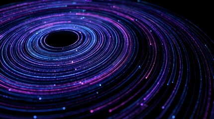 Abstract digital circular light trails with glowing blue and purple particles on black background.