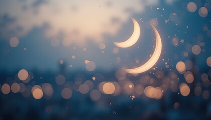 Fototapeta premium Glowing crescent shapes illuminate a soft focus nighttime cityscape filled with numerous diffused light orbs