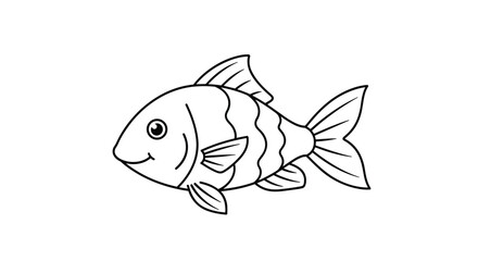 A simple line art drawing of a cute, smiling fish with wavy stripes, designed as a fun and easy coloring page for young children.