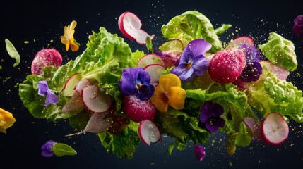 Fresh mixed vitamin salad with crisp lettuce, colorful radishes, and edible flowers, dynamic floating ingredients captured in high-resolution, vibrant healthy vegetarian dish perfect for summer menu p