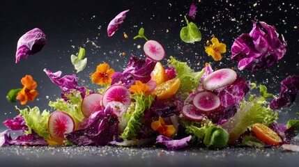 Fresh mixed vitamin salad with crisp lettuce, colorful radishes, and edible flowers, dynamic floating ingredients captured in high-resolution, vibrant healthy vegetarian dish perfect for summer menu p