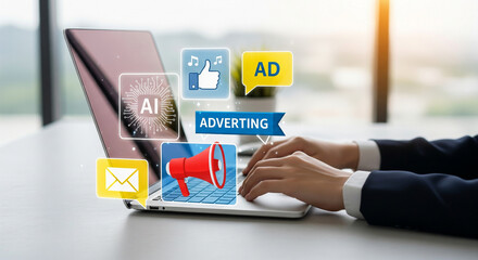 Person using laptop with digital marketing icons, symbolizing online advertising and AI integration.