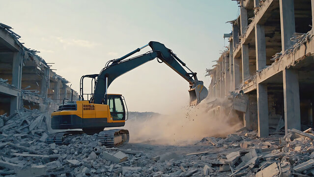 Excavator demolishing a building during a construction site teardown, Heavy machinery demolishing a building at a construction site. demolition process concept