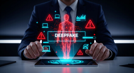 Man in suit interacting with futuristic holographic display showing deepfake technology and security alerts.