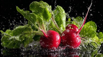 Fresh radish splashing in clear water with vibrant green leaves, showcasing organic root vegetables, natural freshness, healthy eating, clean food preparation, and farm-to-table produce concept