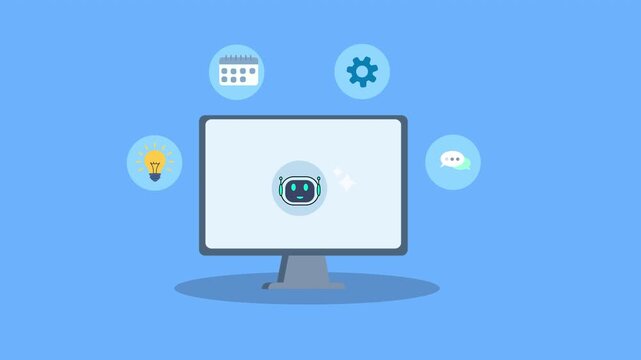 Flat illustration of a desktop monitor displaying an AI system with multiple feature icons around the screen, representing artificial intelligence capabilities, smart automation, analytics, and modern
