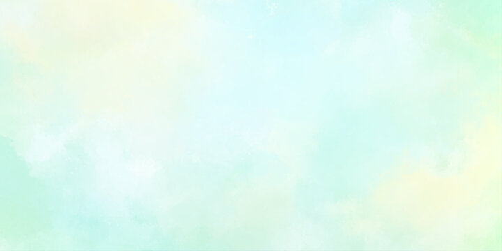 A soft pastel watercolor background features blended hues of light blue green and pale yellow creating a serene atmosphere