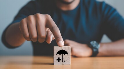 Medical Insurance and assurance concept, healthcare medical. Person holding wooden block with insurance icon.