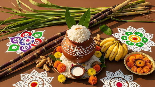 Tamil Thai Pongal Festival Concept with Traditional Pot and Harvest Symbols