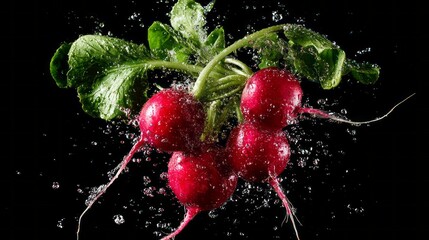 Fresh red radishes splashing in clear water against a dark black background, highlighting organic root vegetables, natural freshness, healthy eating, clean food preparation, and farm-to-table produce 