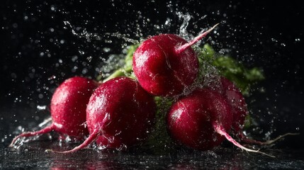 Fresh red radishes splashing in clear water against a dark black background, highlighting organic root vegetables, natural freshness, healthy eating, clean food preparation, and farm-to-table produce 