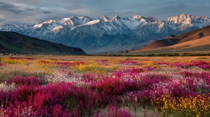 Fototapeta premium Colorful Wildflowers Stretching Across a Scenic Field with Majestic Mountains in the Background