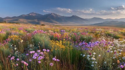 Obraz premium Colorful Wildflowers Field Stretching Toward Majestic Mountains Under Blue Sky at Sunset