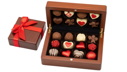 Luxury Assorted Chocolate Pralines in Wooden Gift Box with Red Ribbon isolated PNG with Transparent Background