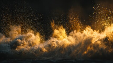 Golden dust cloud with illuminated particles and smoke against a dark background image photo