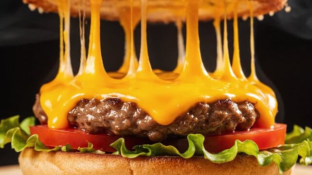 ultra realistic close up food commercial gourmet cheeseburger isolated on green screen thick beef patty cheese melting and dripping lettuce tomato sesame bun macro detail slow motion cheese pull crumb