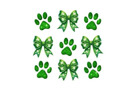 St Patrick's Day Paw Prints and Green Bows Pattern Elements Sublimation Design
