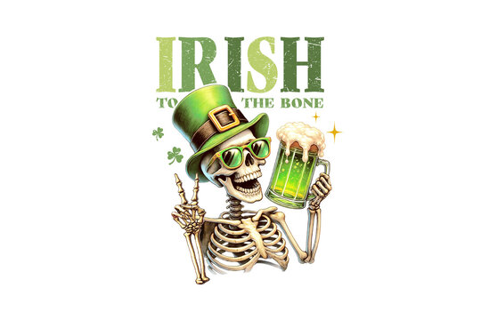 Irish To The Bone Skeleton Drinking Beer St Patrick's Day Sublimation Design - Powered by Adobe