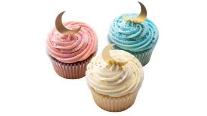 Three cupcakes with colorful frosting isolated on transparent background
