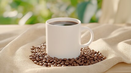 White mug of black coffee surrounded by coffee beans on burlap with nature background