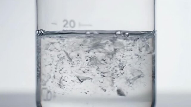 Clear liquid boiling with bubbles in a glass beaker