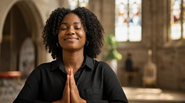 Thoughtful woman with closed eyes in a serene, historic setting, promoting mindfulness and inner peace.
