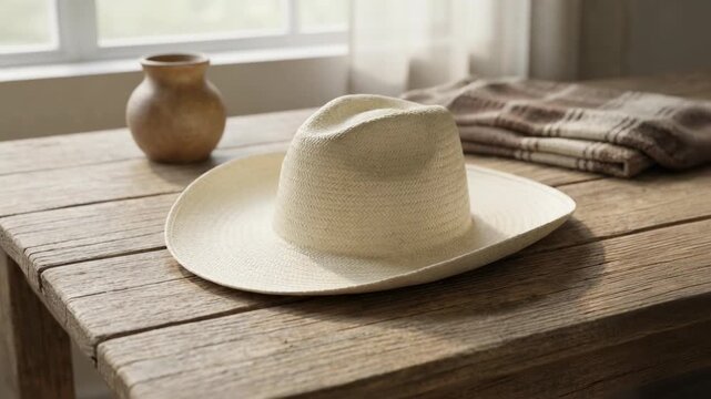 Stylish straw hat on rustic wooden table with pottery and checkered cloth