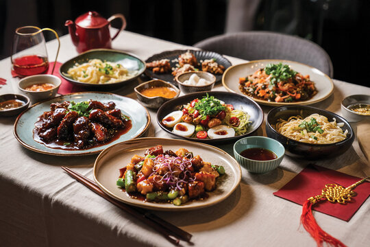 Festive Lunar New Year Feast with Traditional Asian Dishes on Elegant Table
