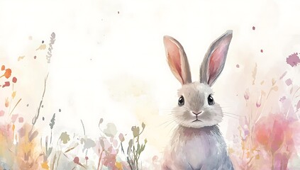 Cute and creepy Easter bunny with large ears on a pastel floral background rabbit