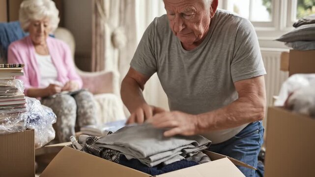 Senior couple packing belongings. Man carefully folds clothes into cardboard box. Woman sitting in armchair, looking thoughtful. Retirement, downsizing, relocation concept. Home moving process.