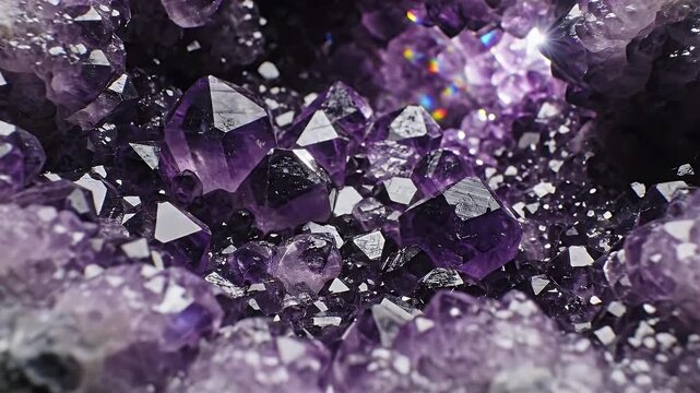 Close up of purple amethyst crystals growing inside a geode