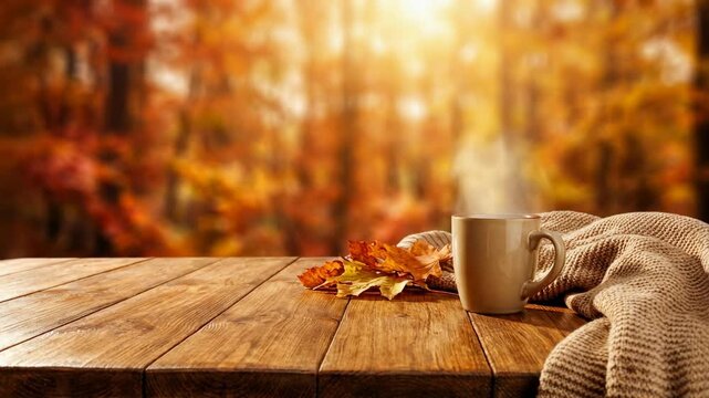 Cozy autumn scene with a warm cup of coffee, colorful leaves, and a soft blanket on a wooden table