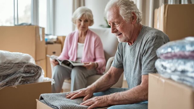 Senior couple packing belongings. Man carefully organizes items, woman reads list. Retirement, downsizing, moving concept. Peaceful moment together, mature love. Home relocation process.