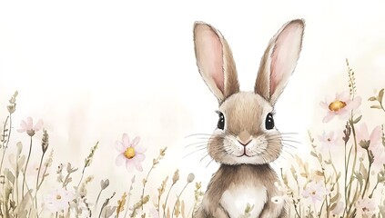 Cute cartoon bunny with large ears and whiskers standing in a field of pink and white flowers on a white background