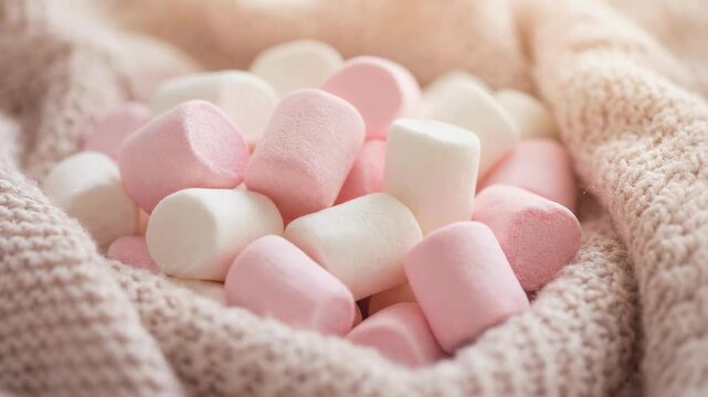 Delicious pastel marshmallows nestled in a cozy blanket, perfect for sweet treats and comfort food imagery