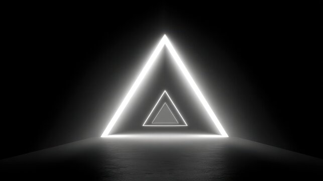 Infinite Neon Triangle Tunnel with White Glow and Reflective Surface portal geometric