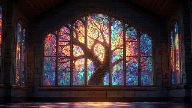 Colorful stained glass window with tree design in gothic architecture