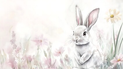 Cute cartoon bunny with pink ears sitting among pink and white flowers on white background