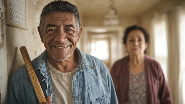 Concerned senior man with baseball bat, protective wife blurred in background. Serious older couple facing hardship. Latin American ethnicity, vulnerability, domestic scene.