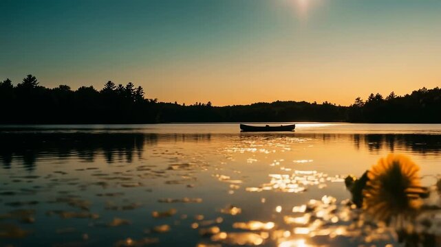 Serene sunset over a tranquil lake with a canoe, perfect for nature lovers and outdoor enthusiasts