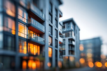 Modern apartment buildings with glowing windows reflect evening light.