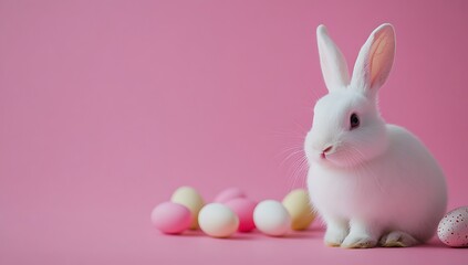 Cute white bunny with colorful Easter eggs on a pink background 1